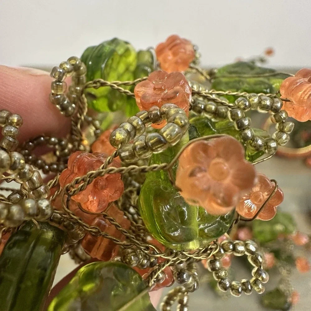 Lot of 8 Beaded Napkin Rings Peach Flowers Green Leaves Flower Spray
